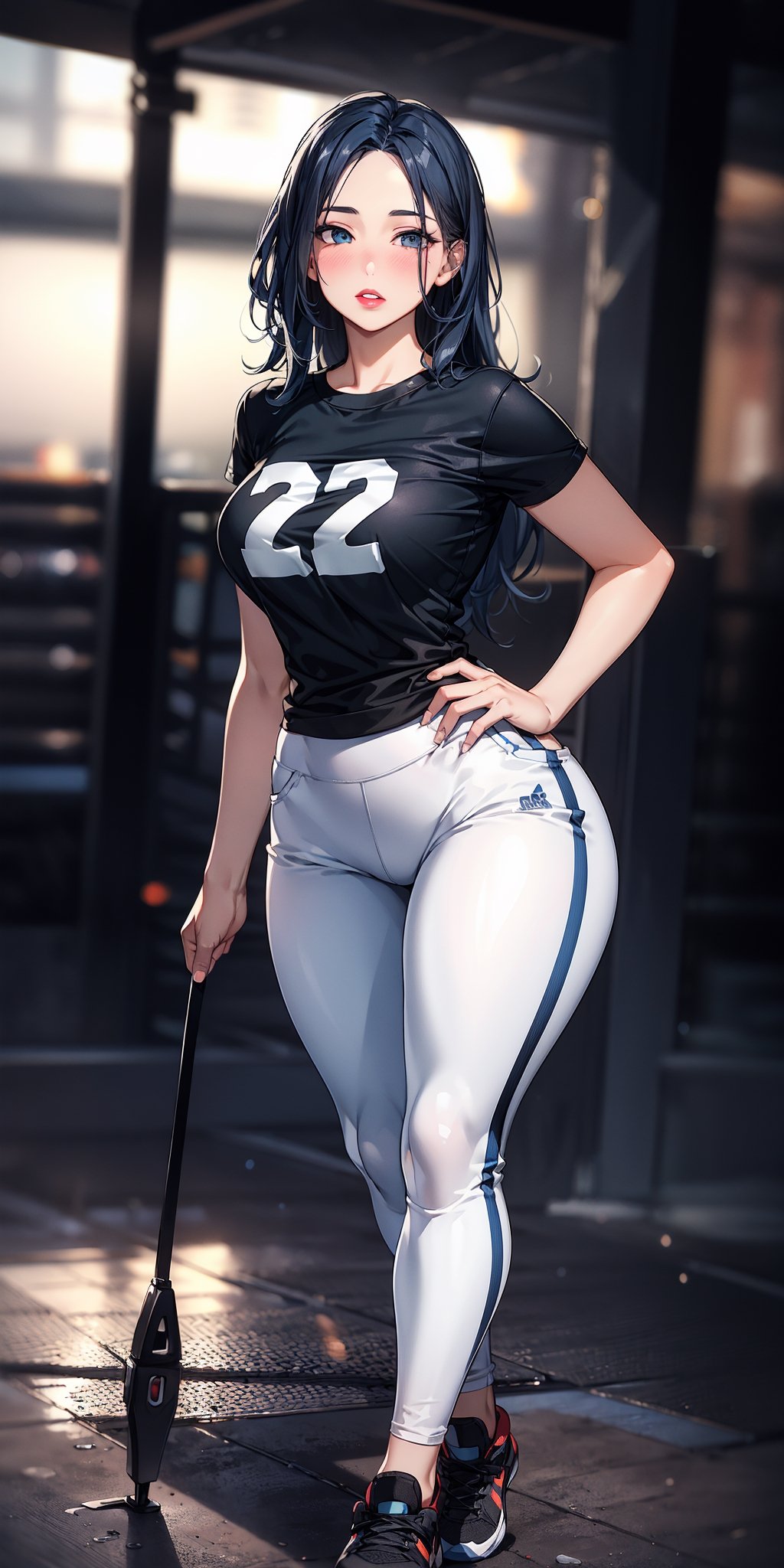 Realistic, Masterpiece, (high quality image),
A very beautiful Indian woman , beautiful eyes, long hair, blue hair,parted lips, lipstick , mackup, blush, perfect curvy figure, wide hips,((white colour tshirt)),((Black sports pant))photo realistic, super high detailed super realistic image, 32k ultra HDR high quality image, photorealistic, perfect hands, detailed fingers, 