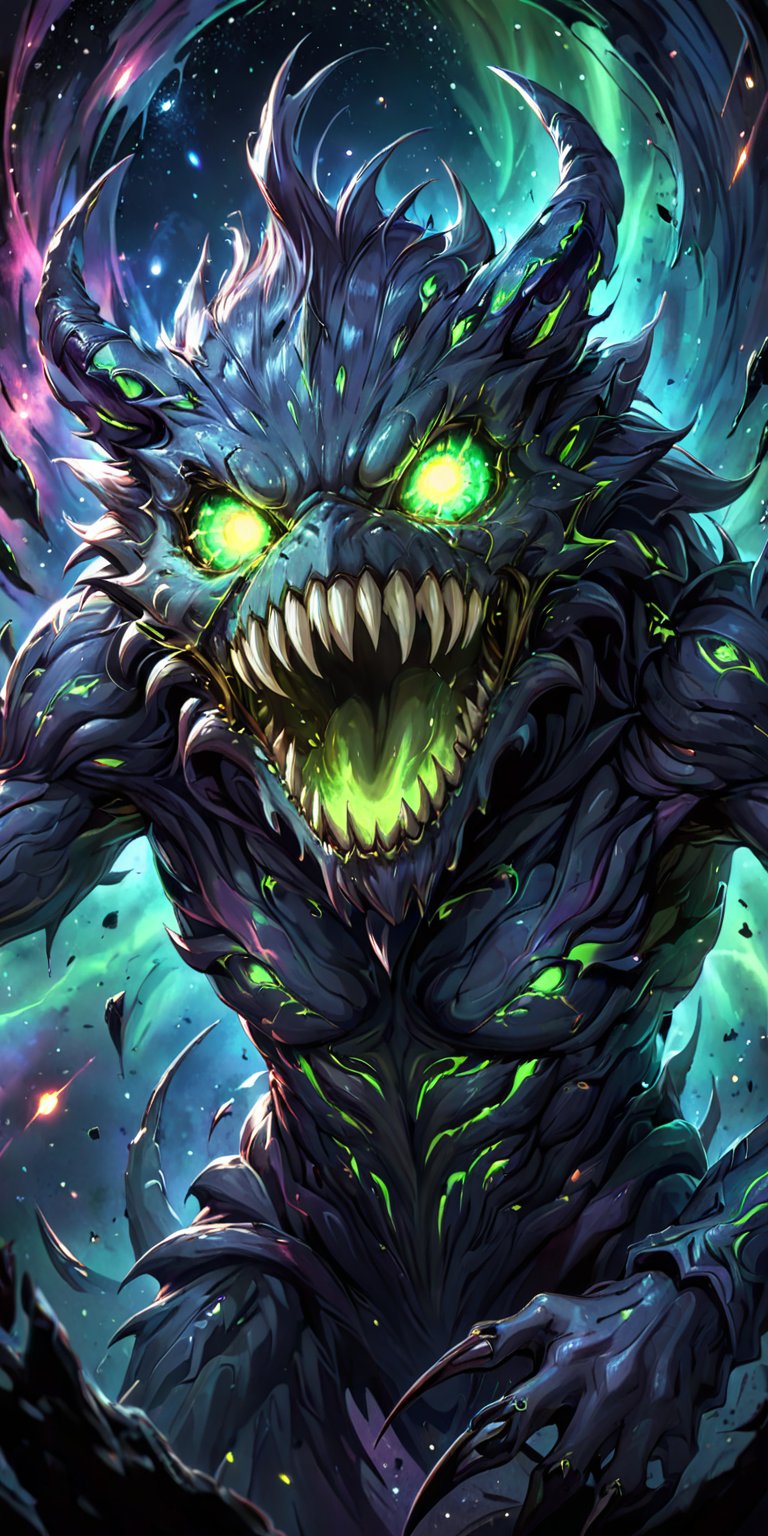 Alien Monster with Glowing Eyes:A terrifying alien monster with multiple eyes that glow neon green,  its sharp claws and j...