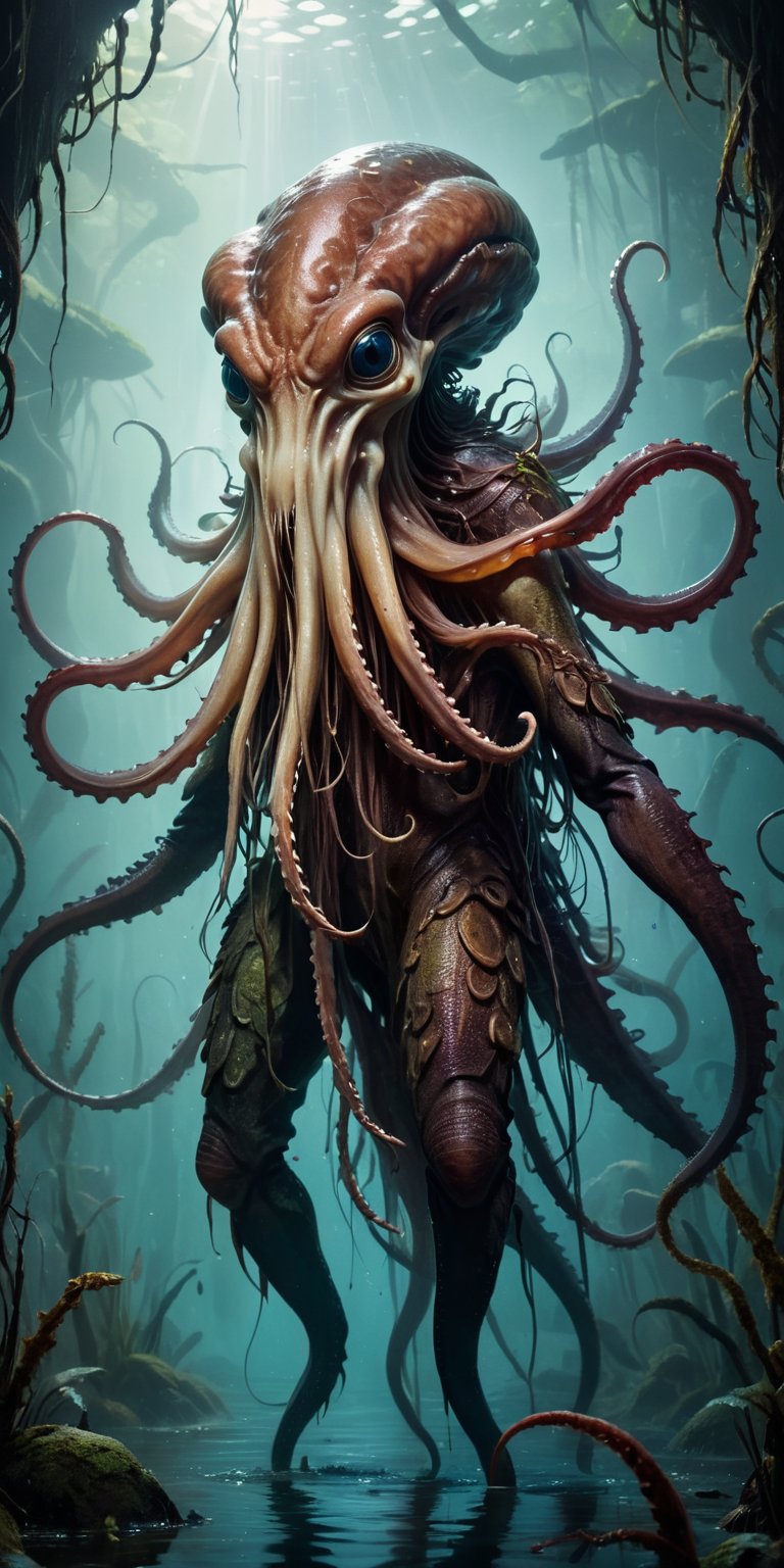 A colossal monstrosity with a reptilian hide and a squid-like head,  its numerous tentacles tipped with barbed hooks,  ris...