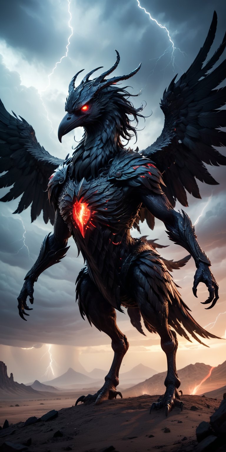 Void Walker A nightmarish creature with the body of a centaur and the head of a raven,  with glowing red eyes and a beak t...
