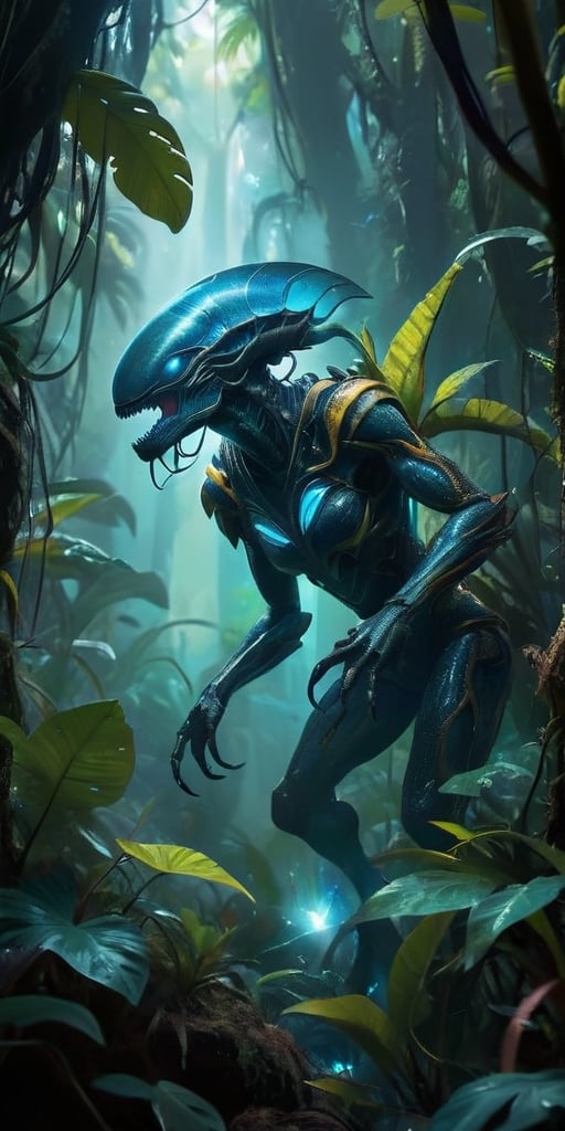 A colossal,  eyeless monstrosity with razor-sharp claws and bioluminescent scales hunts through the dense foliage of a bio...
