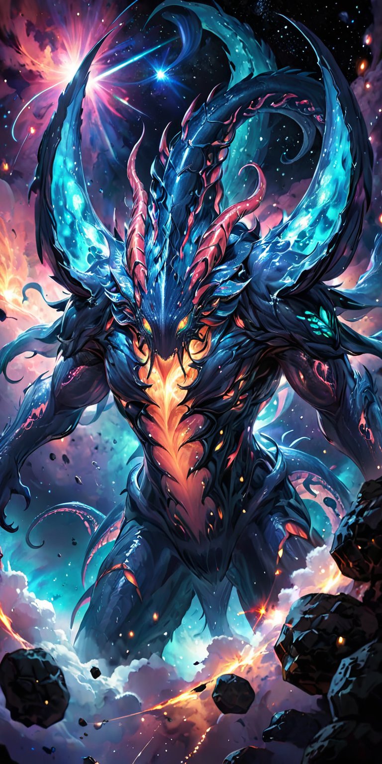 Space Leviathan:A gigantic alien leviathan with tentacles and bioluminescent markings,  emerging from the darkness of spac...