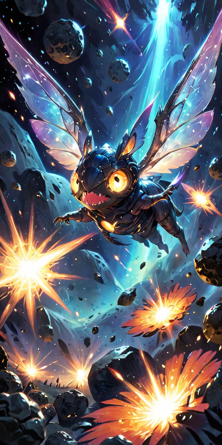 Galactic Horror Swarm:A swarm of small,  agile alien creatures with translucent wings and sharp fangs,  flying through a f...