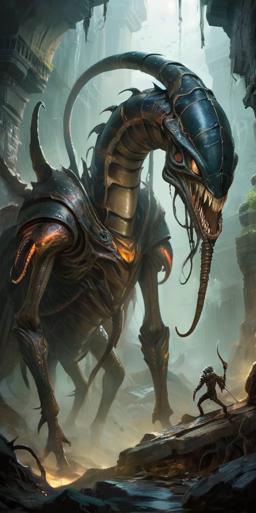 Roaming the ruins of an ancient,  alien city,  a monstrous creature with a centipede-like body and humanoid torso moves wi...