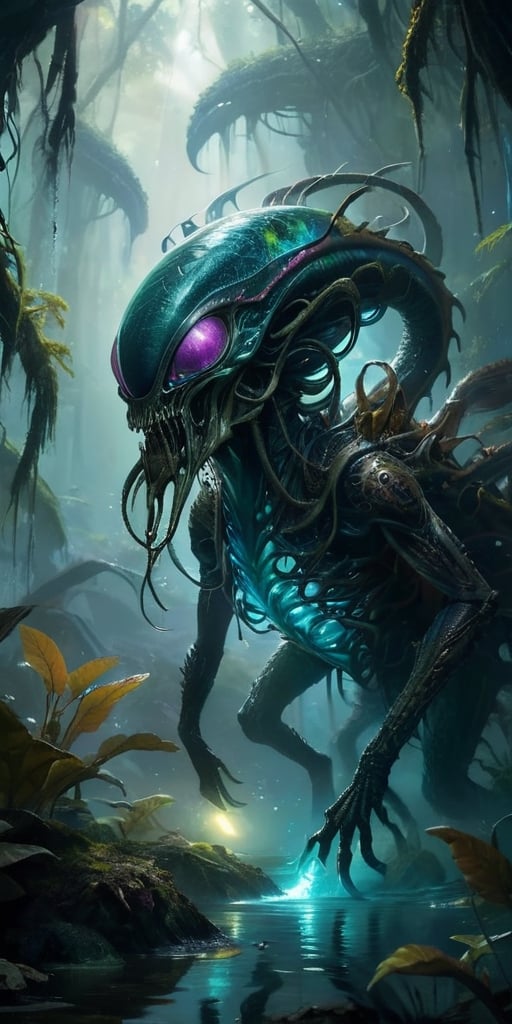 A colossal alien-monster hybrid rises from a bubbling,  toxic swamp on an alien planet. Its body is covered in thick,  arm...
