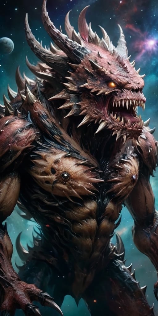 A massive,  multi-eyed behemoth with razor-sharp spines covering its body,  floating menacingly in the vastness of space b...