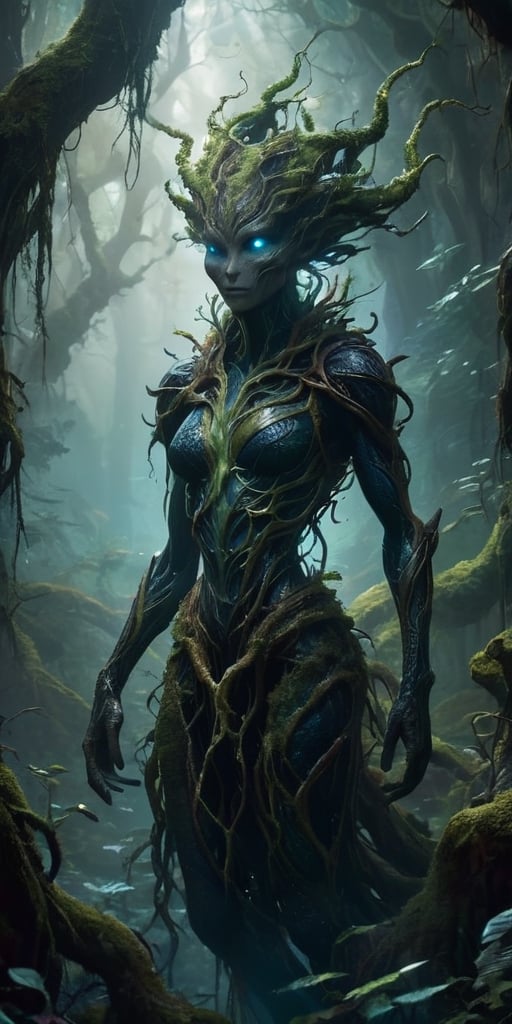 The Shadowed Abyss In the depths of a dark,  cavernous abyss,  where twisted roots of ancient trees intertwine with alien...