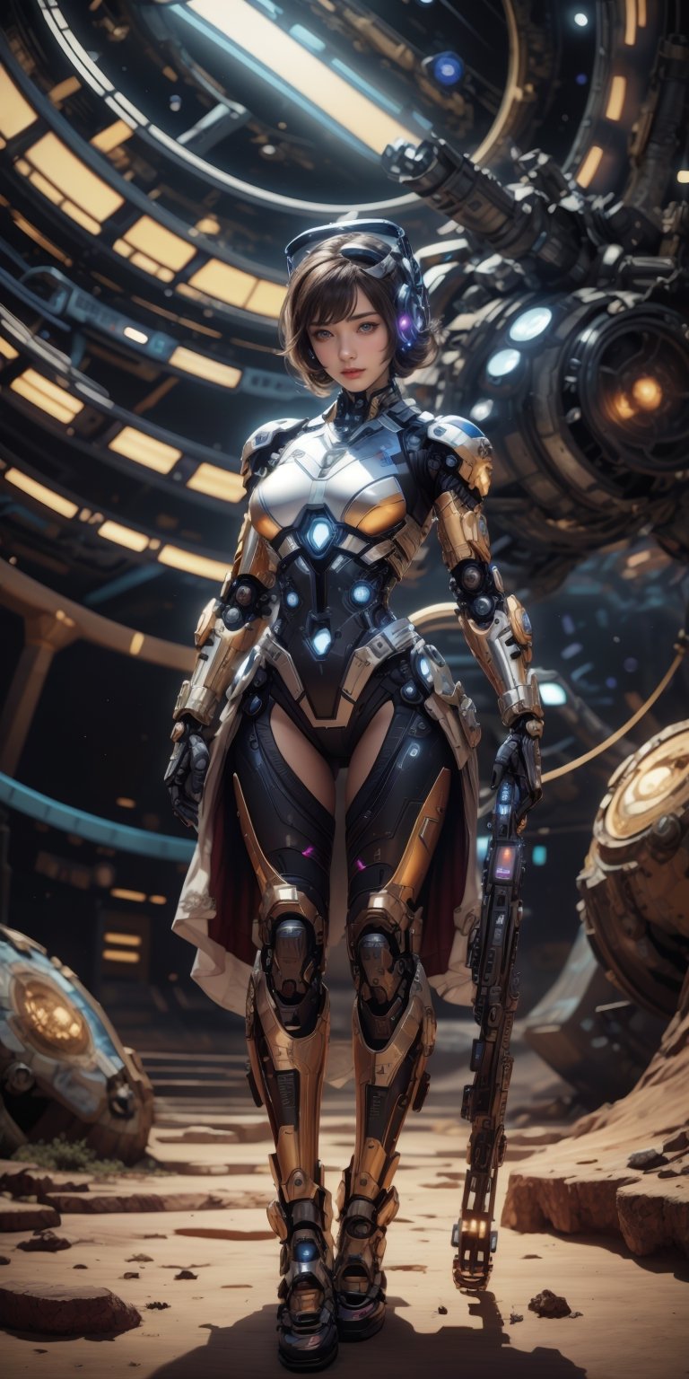 A lone cyborg,  her mechanical limbs gleaming in the starlight,  explores a desolate alien world. by Caption Master on Ten...