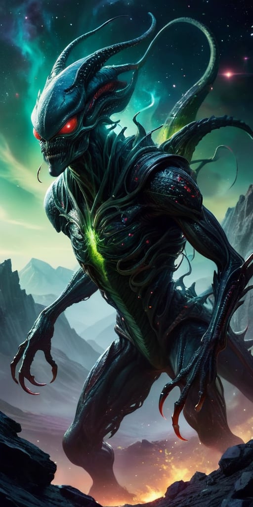 Create an image of a dangerous alien monster in space,  towering over a desolate alien landscape with dark,  armored scale...