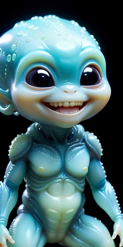 An alien infant with skin that is covered in tiny,  bioluminescent spots that glow softly in the dark. It has a round,  ch...