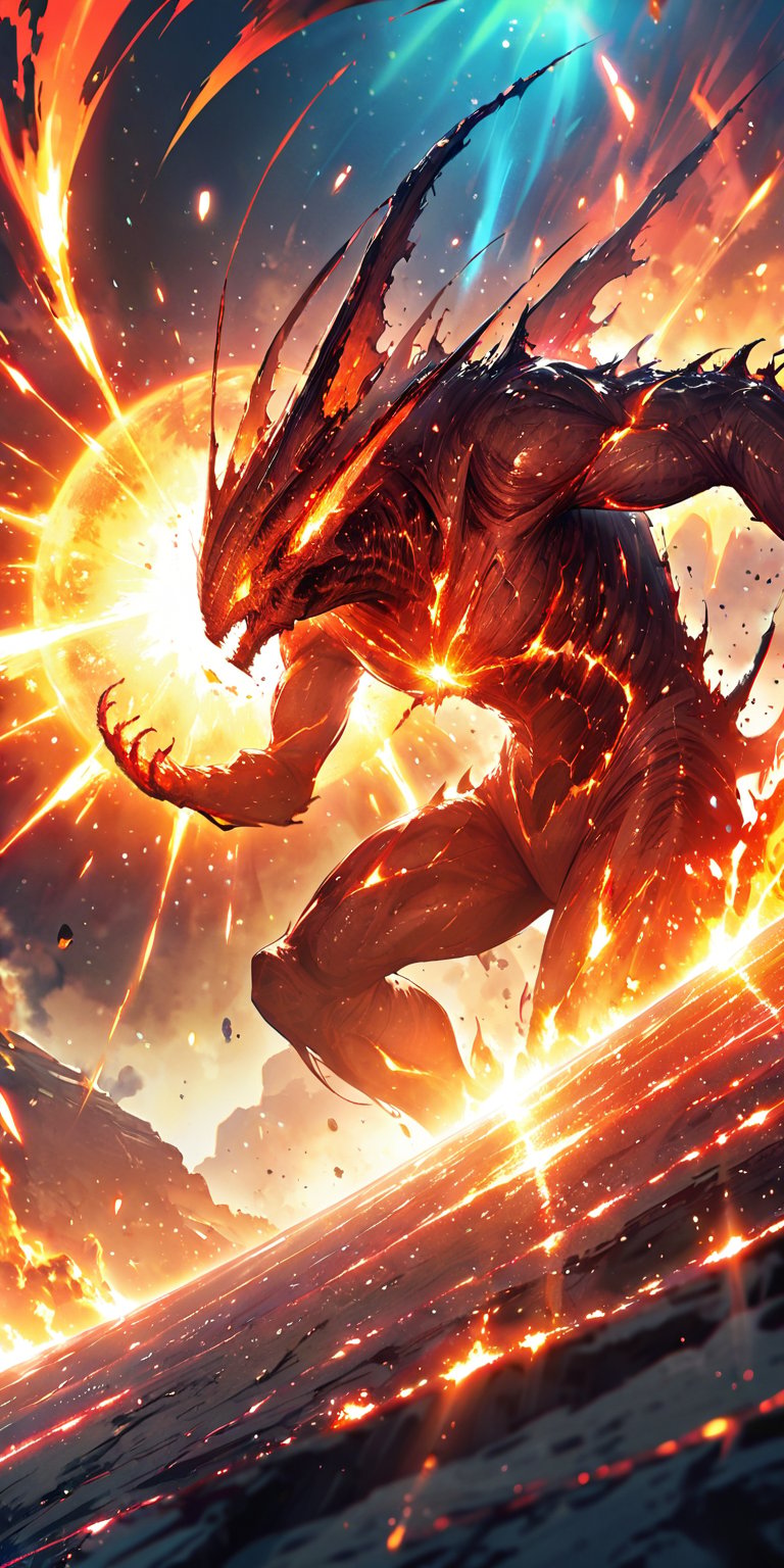 A monstrous alien entity that feeds on the energy of stars,  with a body of living plasma and molten metal. It emerges fro...