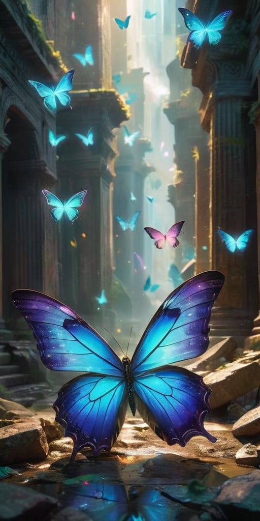 A swarm of bioluminescent butterflies with iridescent wings flutter through the ruins of an ancient alien city. Their deli...