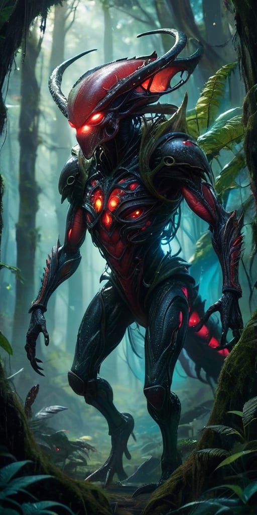 In the heart of a dense,  alien forest,  a monstrous alien hybrid stalks through the undergrowth. Its body is covered in t...