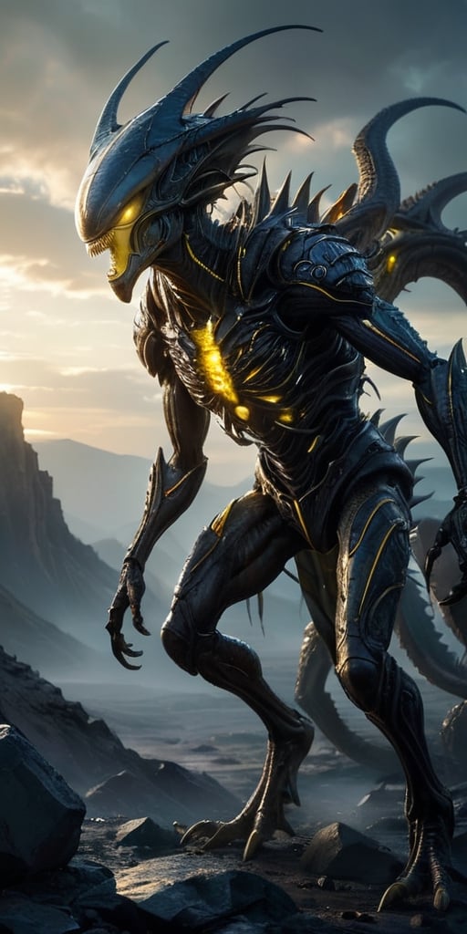 On a desolate,  windswept alien landscape,  a monstrous alien hybrid stalks its prey. Its body is covered in thick by Capt...