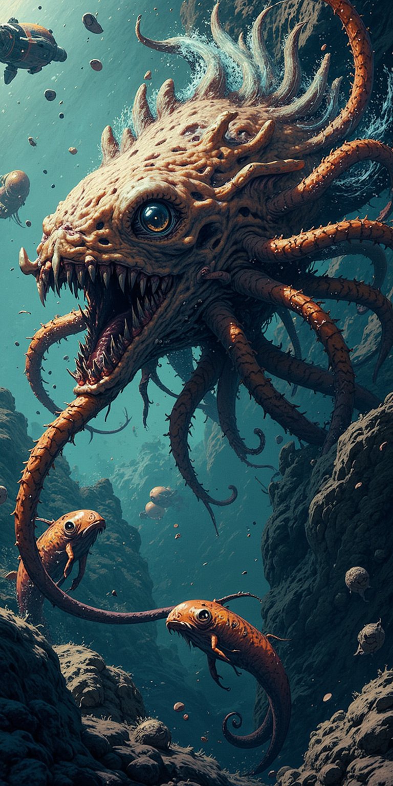 A hideous fusion of alien and monstrous aquatic forms,  swimming through space as its long tentacles and razor-sharp teeth...
