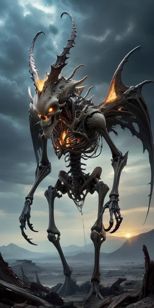 Roaming the barren,  ash-covered wasteland of a post-apocalyptic world,  a towering alien abomination with skeletal wings...