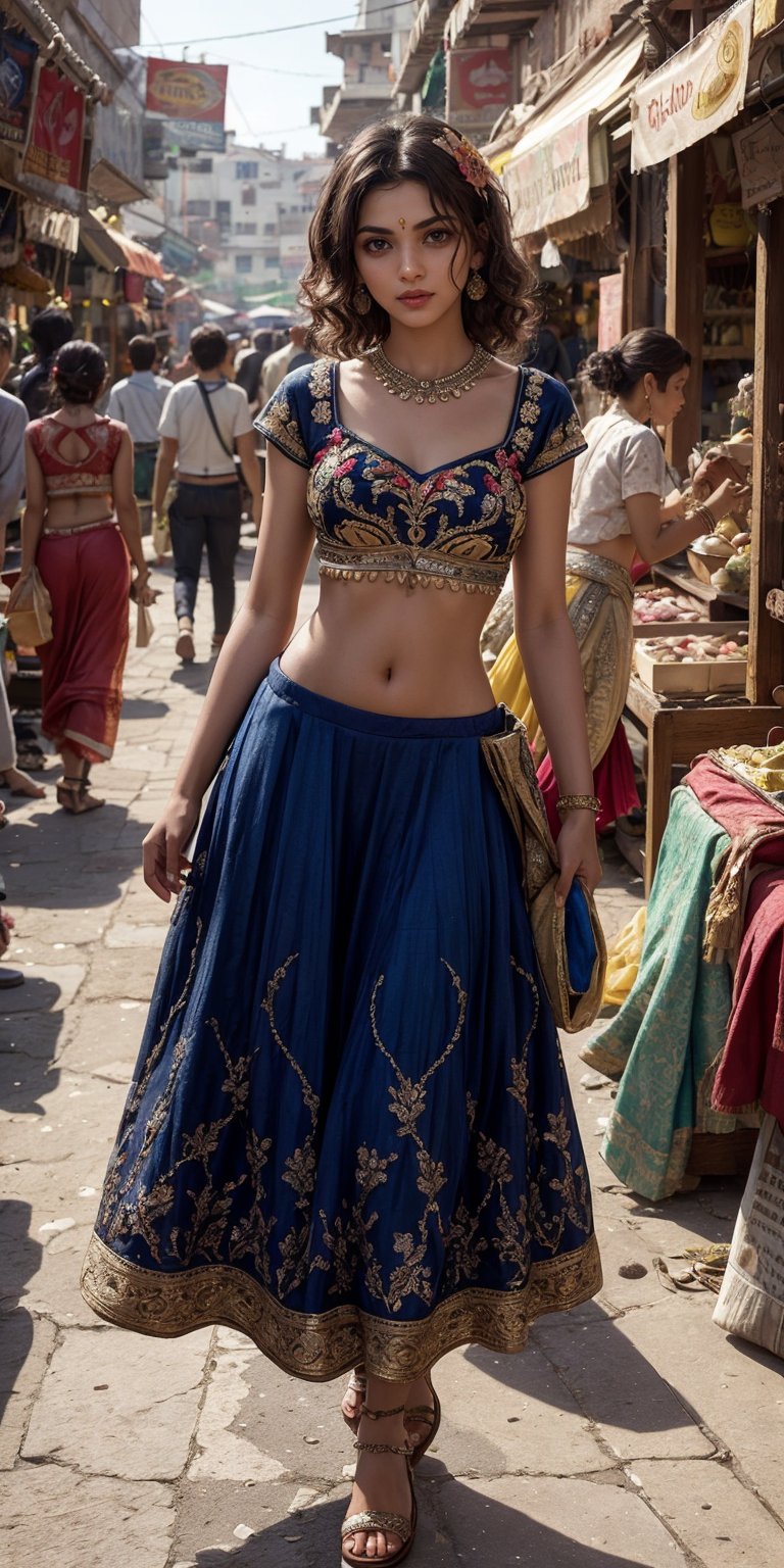 In this image,  the Indian model is depicted in a bustling marketplace,  surrounded by a riot of colors and textures. She...