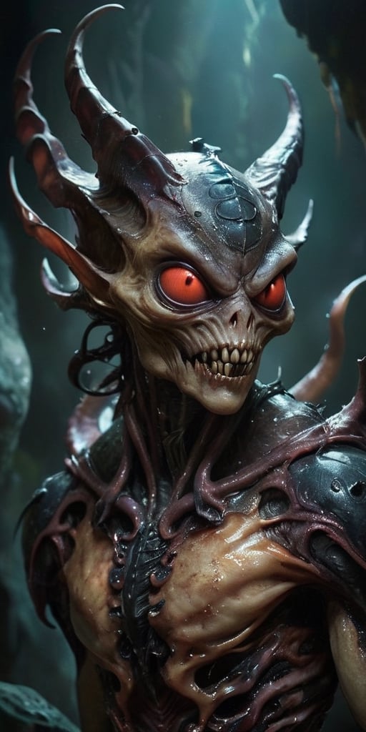 In the depths of a dark,  cavernous alien world,  a monstrous alien hybrid slithers through the shadows. Its body is a gro...