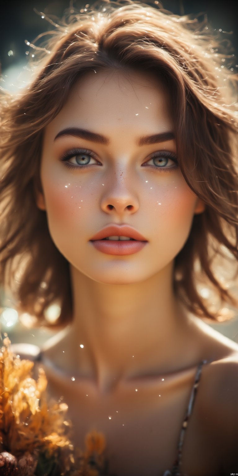 A portrait of a woman with radiant natural beauty, her face illuminated by soft sunlight, loose curls framing her face, no visible makeup, and a background of light bokeh with nature tones.