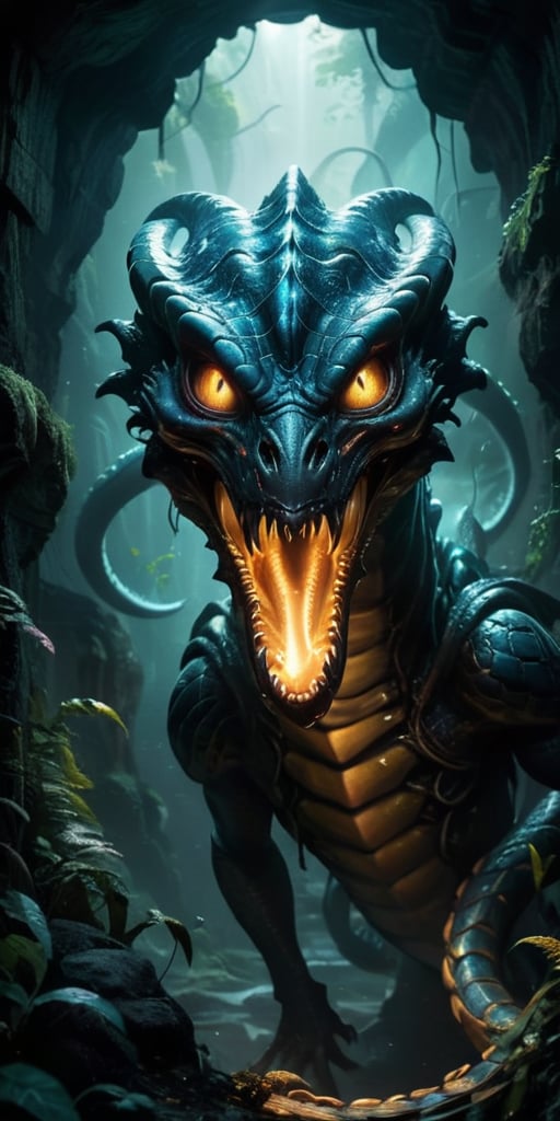 Slithering through the twisting,  narrow tunnels of an underground labyrinth,  a monstrous alien serpent with a chitinous...