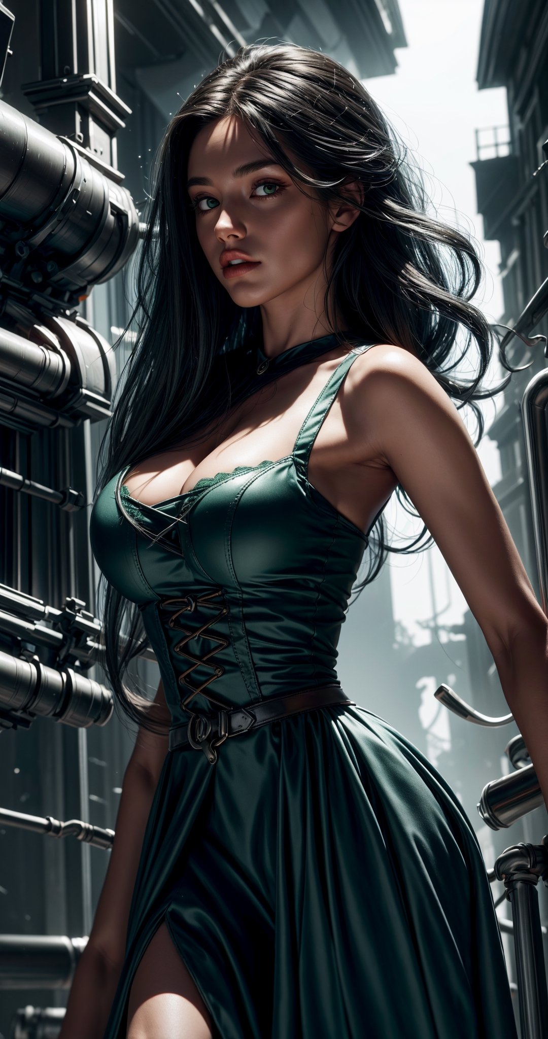 masterpiece,{{{best quality}}},(illustration)),{{{extremely detailed CG unity 8k ,Brilliant light,cinematic lighting,long_focus, Women, cut face (medium_breasts)High detailed, longhair, ghost in background , long hair ,looking_at_viewer,Halloween costume, midnight ,(Halloween:1.2),Halloween, green dress ,data-space,demonictech,stealthtech ,cutting edge,plasttech