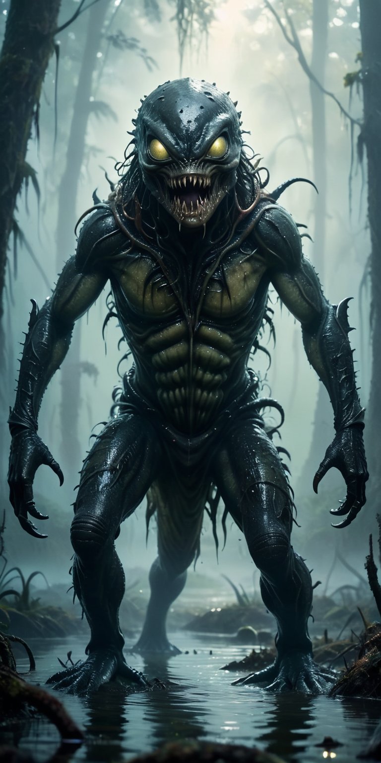 A swamp shrouded in mist hides a horrifying encounter. A leech-like alien with rows of barbed teeth lunges at a monstrous...