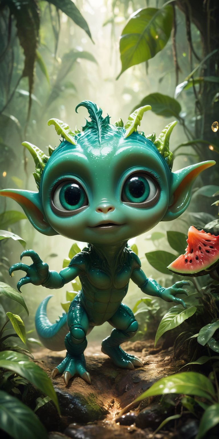 Amid the vibrant foliage of an alien jungle,  a baby alien with bright,  emerald-green skin and a small by Caption Master...