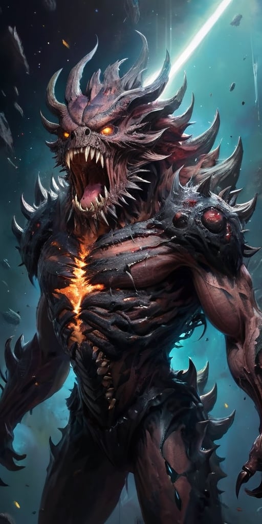 A massive,  multi-eyed behemoth with razor-sharp spines covering its body,  floating menacingly in the vastness of space b...