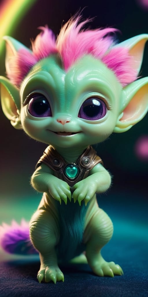 A baby alien with fur that changes color depending on its mood,  ranging from a soft pink when it's content to a vibrant g...