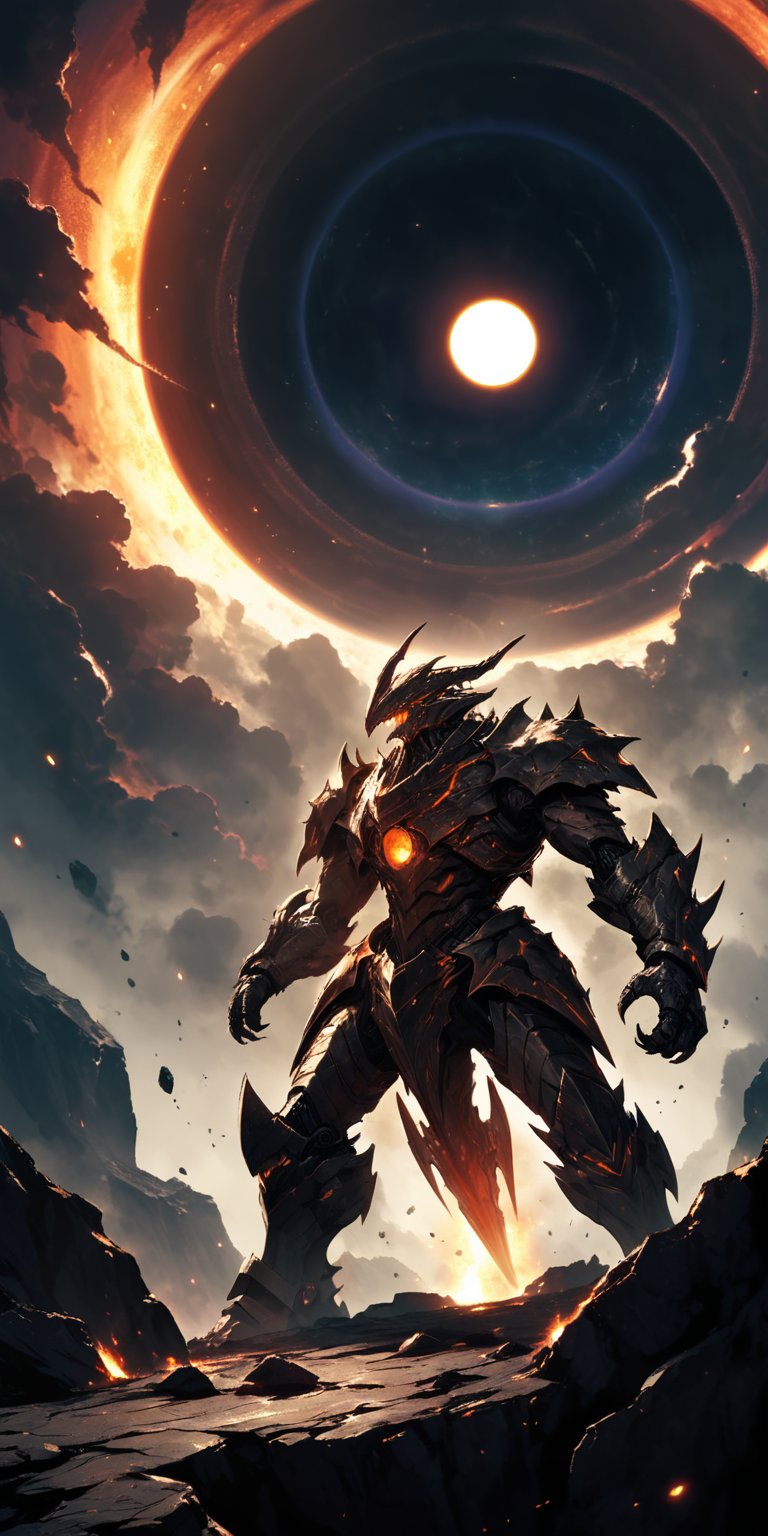 Alien Warlord:A fearsome alien warlord with armored plating and sharp,  clawed hands,  standing on a rocky outcrop in spac...