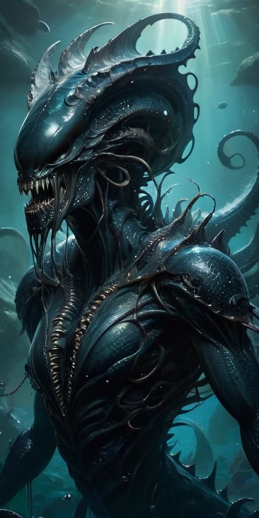 The Abyssal Leviathan Deep beneath the waves of a blackened sea,  where the waters teem with alien life forms,  swims a co...