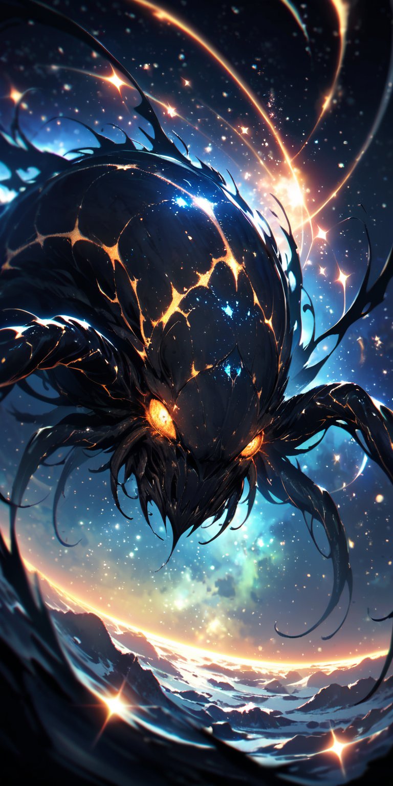 Starfield Beast:A large,  spider-like alien with luminescent spots along its body,  crawling among the stars. The backgrou...