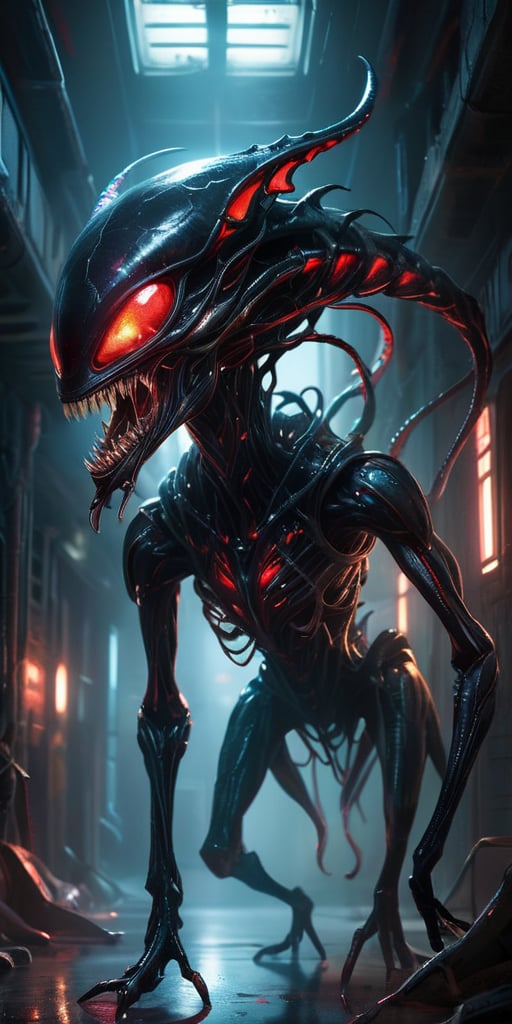 Lurking in the dark,  twisted corridors of an abandoned alien spaceship,  a terrifying creature with a sleek by Caption Ma...