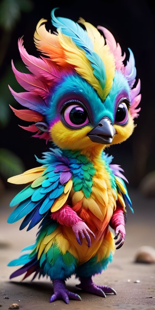 An alien infant with a body that is covered in soft,  downy feathers that shimmer with a rainbow of colors. It has a small...