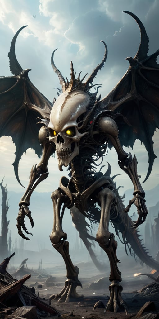 Roaming the barren,  ash-covered wasteland of a post-apocalyptic world,  a towering alien abomination with skeletal wings...