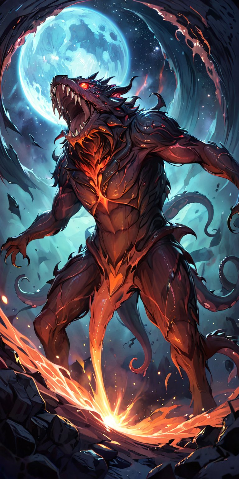 Gargantuan Alien Beast A terrifying alien monster with multiple tentacles, sharp teeth, and glowing red eyes, emerging from the dark abyss of space. The backdrop is a barren, desolate planet with distant stars shining coldly.
