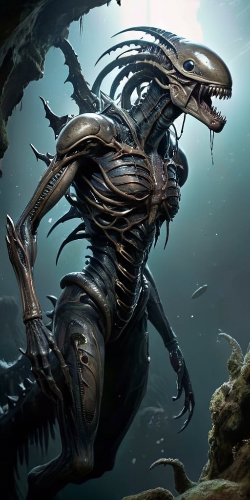 In the vast emptiness of space,  a dreadful hybrid of alien and monster drifts ominously. Its body is grotesquely elongate...