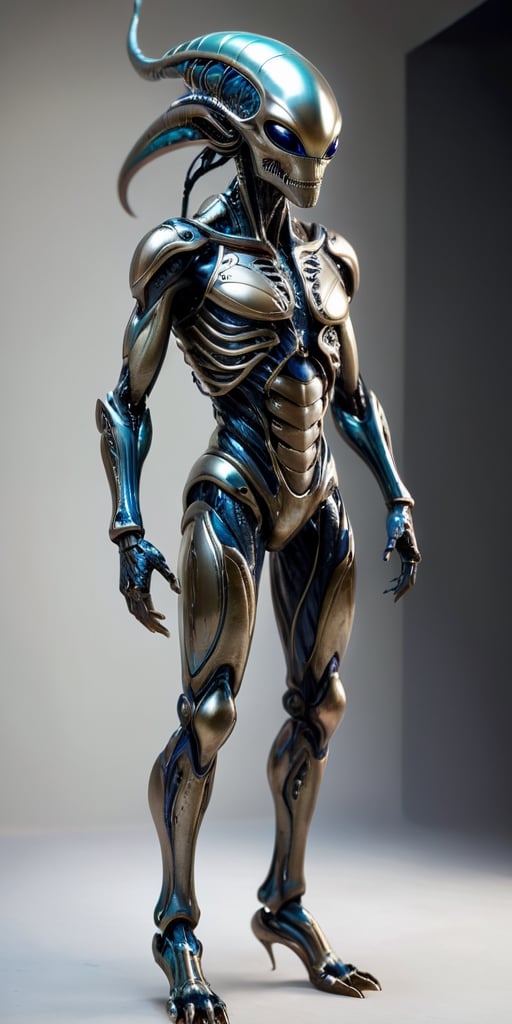 A humanoid alien with metallic skin that constantly shifts and changes colors,  camouflaging it in its surroundings. Its l...
