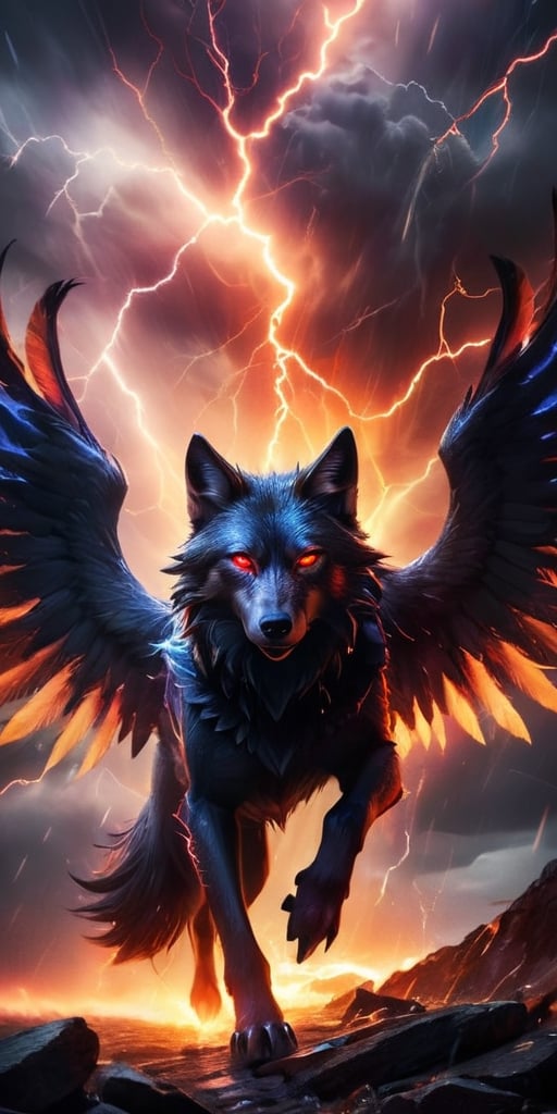 A pack of winged wolf-like creatures with glowing red eyes soar through a raging electrical storm. Their fur crackles with...