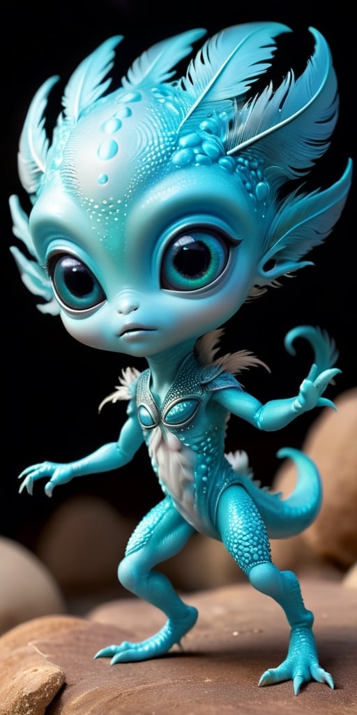 An alien infant with a body that is covered in tiny,  feather-like scales that rustle softly in the breeze. It has large,...