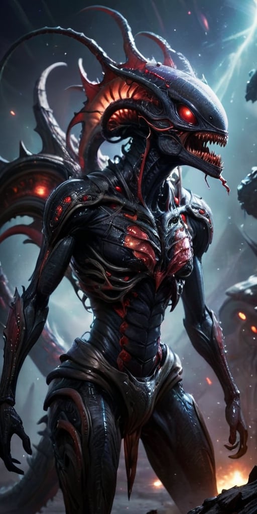 Drifting through the wreckage of a space battle,  a horrifying creature appears,  a blend of alien and nightmare. Its body...
