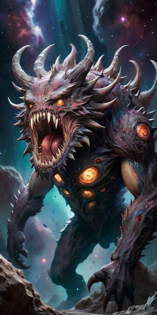 A massive,  multi-eyed behemoth with razor-sharp spines covering its body,  floating menacingly in the vastness of space b...