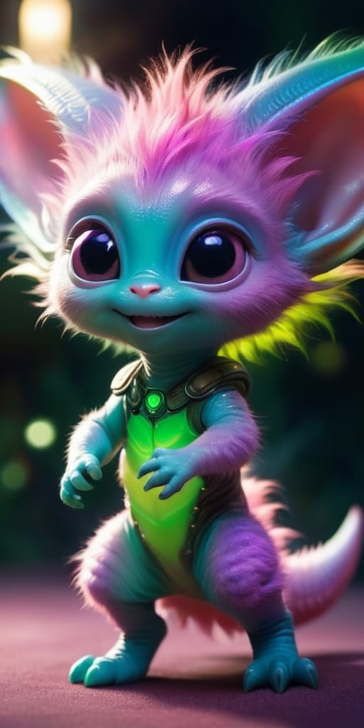 A baby alien with fur that changes color depending on its mood,  ranging from a soft pink when it's content to a vibrant g...