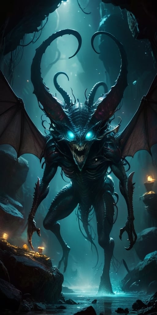 In the depths of a dark,  cavernous alien world,  a monstrous alien hybrid slithers through the shadows. Its body is a gro...
