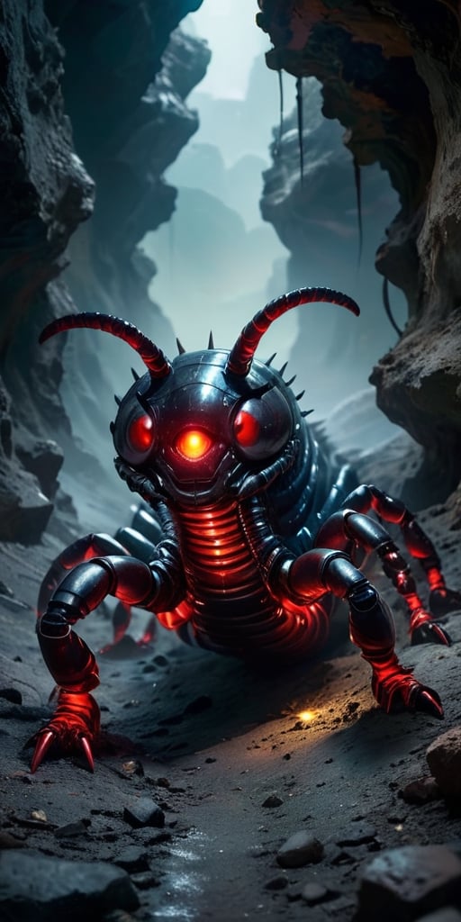 A colossal,  metallic centipede with glowing red eyes burrows through the ash of a desolate alien wasteland. Its segmented...