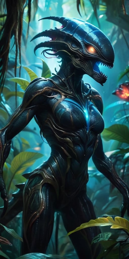 A colossal,  eyeless monstrosity with razor-sharp claws and bioluminescent scales hunts through the dense foliage of a bio...