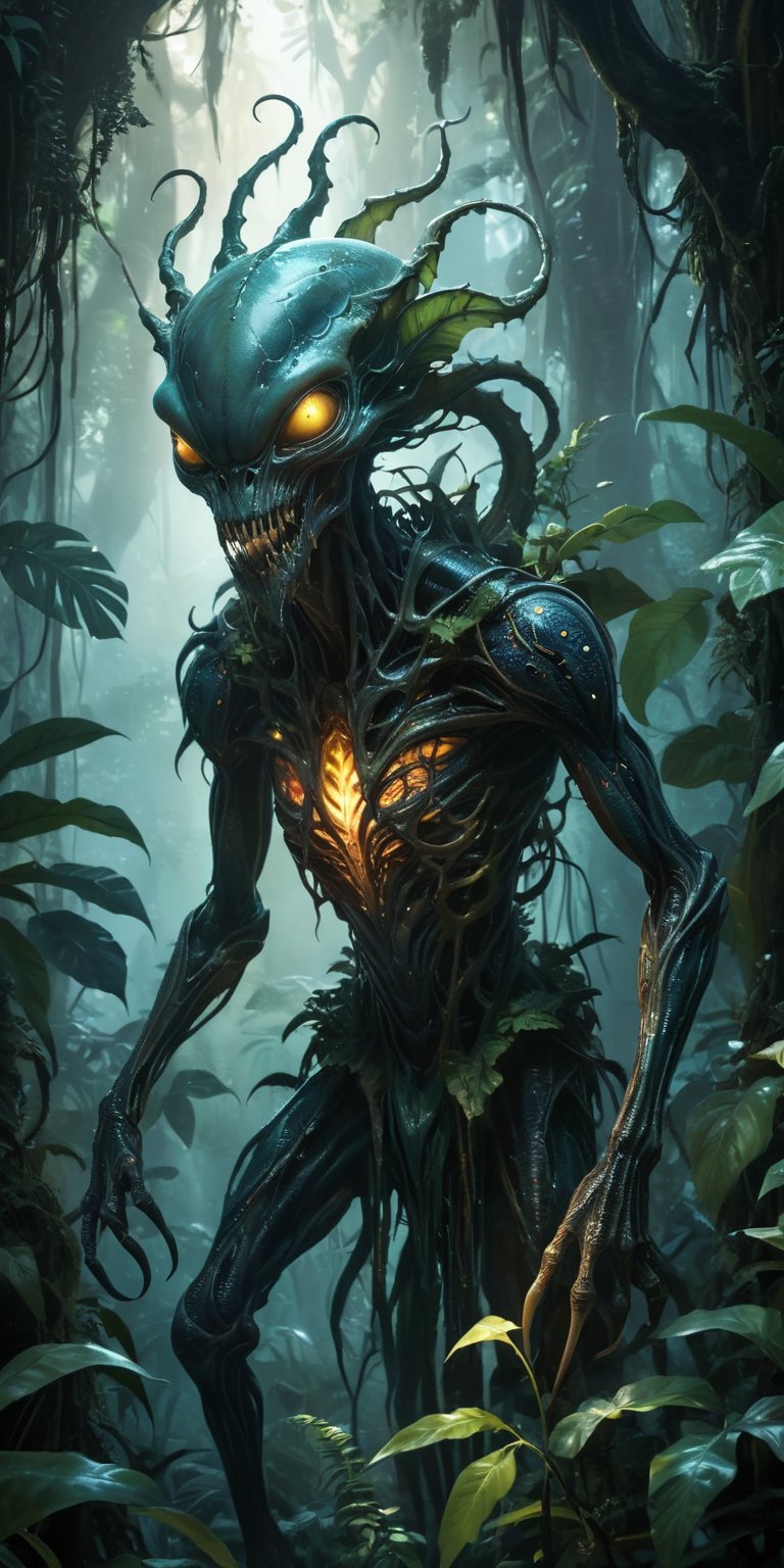 A grotesque alien being with gaping maw and spindly limbs stalks through a dense jungle,  its bioluminescent skin casting...