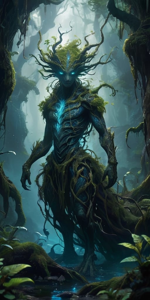 The Shadowed Abyss In the depths of a dark,  cavernous abyss,  where twisted roots of ancient trees intertwine with alien...
