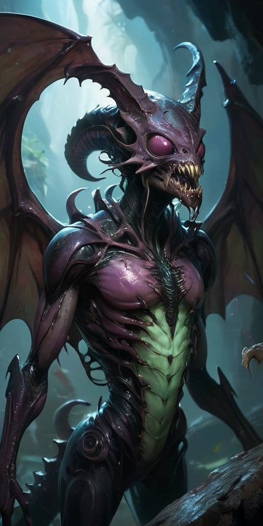 In the depths of a dark,  cavernous alien world,  a monstrous alien hybrid slithers through the shadows. Its body is a gro...