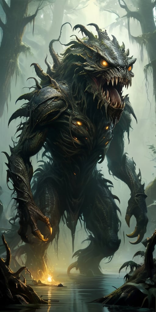 Vicious Swamp Beast A monstrous creature emerging from the murky depths of a swamp. Its body is covered in dark,  slimy sc...